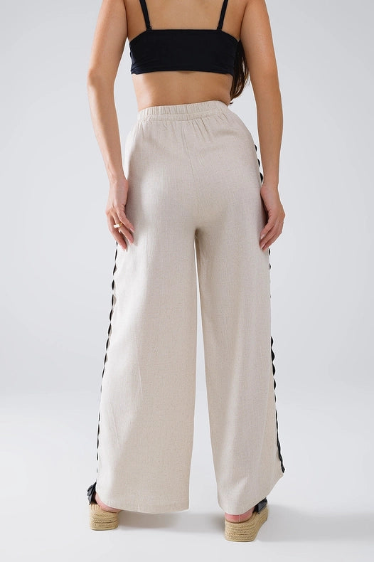 Linen Contrast Scallop Trim Pants in Beige