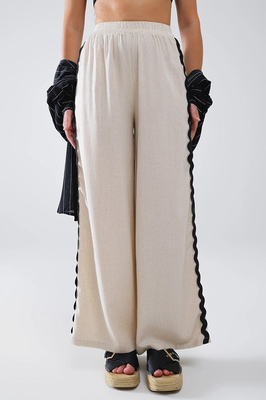 Linen Contrast Scallop Trim Pants in Beige