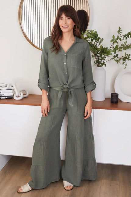 Linen Cropped Tie Button Front Top ARG