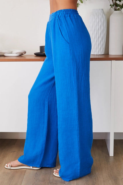 Linen Flat Front Elastic Waist Wide Leg Pant