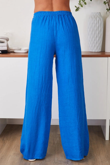 Linen Flat Front Elastic Waist Wide Leg Pant