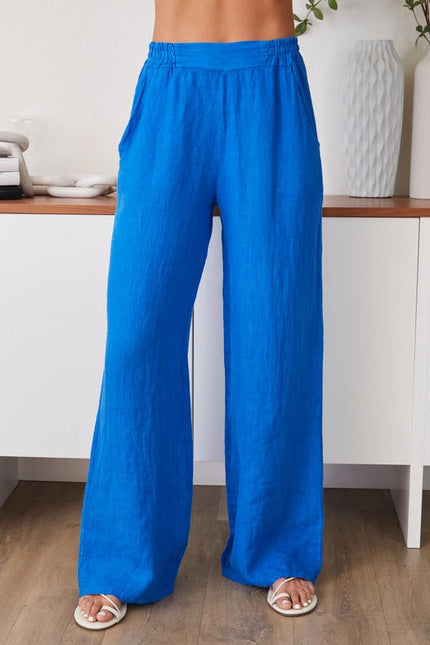 Linen Flat Front Elastic Waist Wide Leg Pant