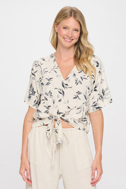 Linen Floral Print V neck Top with Front Tie-1