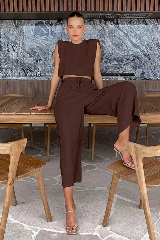 Linen Sleeveless Crop Top and Pants 2PCS Set Brown