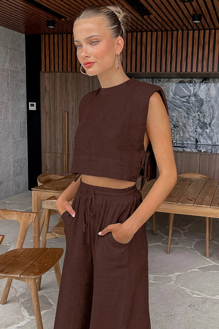 Linen Sleeveless Crop Top and Pants 2PCS Set Brown