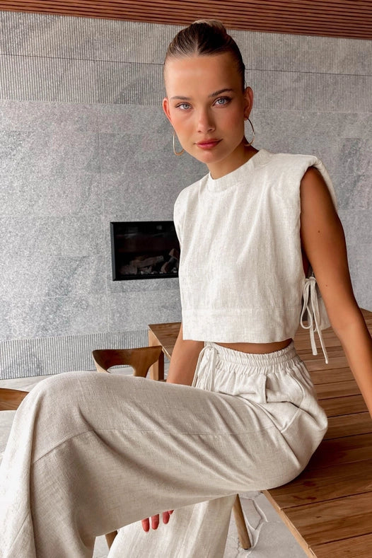 Linen Sleeveless Crop Top and Pants 2PCS Set Khaki