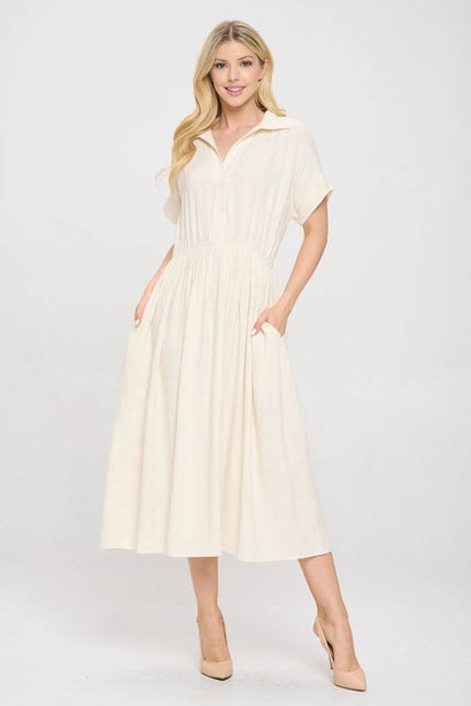 Linen Solid Collared V Neck Dress with Pockets