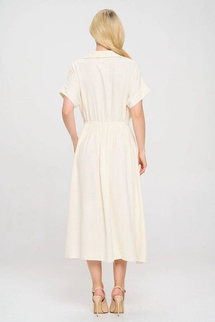 Linen Solid Collared V Neck Dress with Pockets