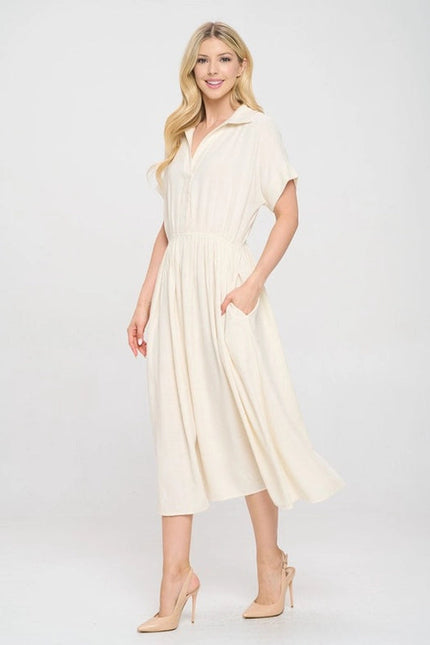 Linen Solid Collared V Neck Dress with Pockets