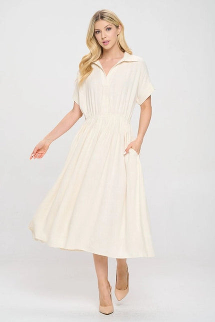 Linen Solid Collared V Neck Dress with Pockets