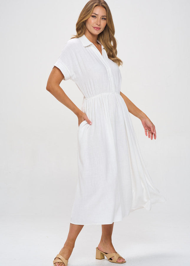 Linen Solid Collared V neck Dress with Pockets-1