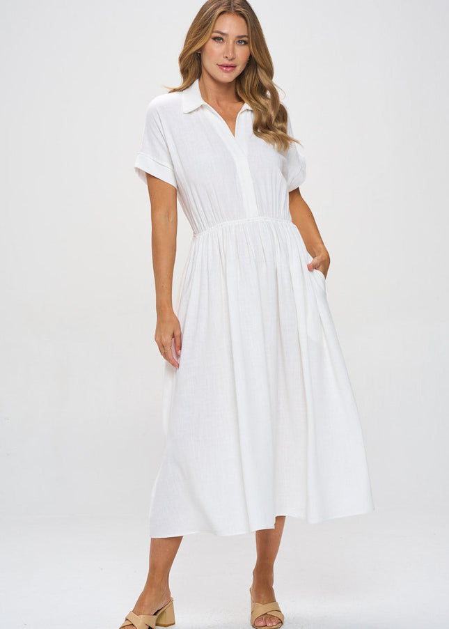 Linen Solid Collared V neck Dress with Pockets-2