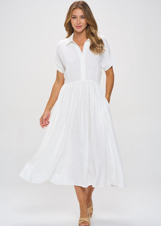 Linen Solid Collared V neck Dress with Pockets-3