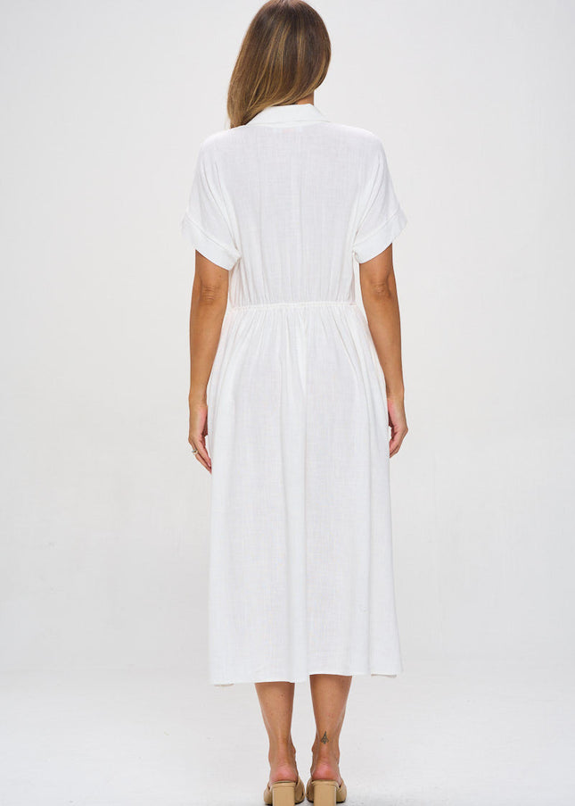 Linen Solid Collared V neck Dress with Pockets-4