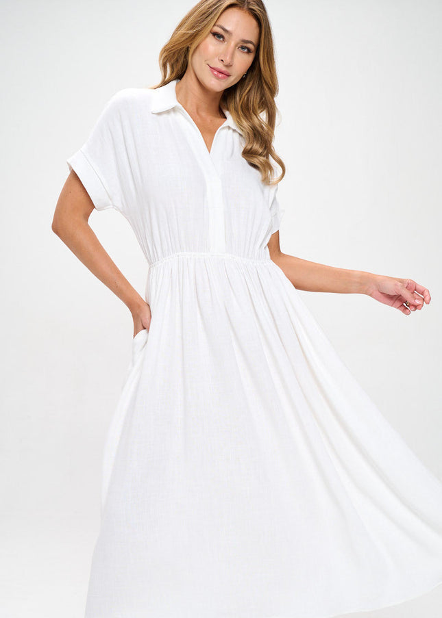 Linen Solid Collared V neck Dress with Pockets-0