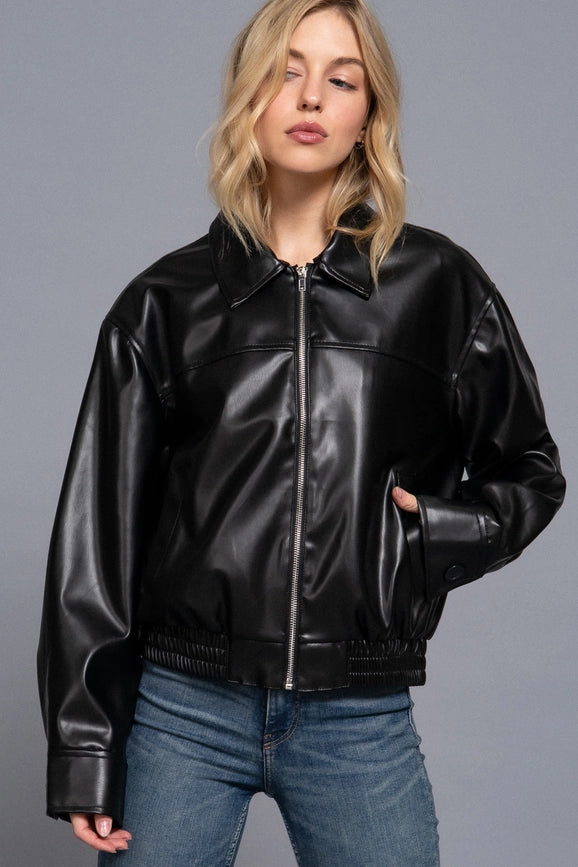 Long Cuffed Sleeve Lapel Collar Zipper Faux Leather Jacket