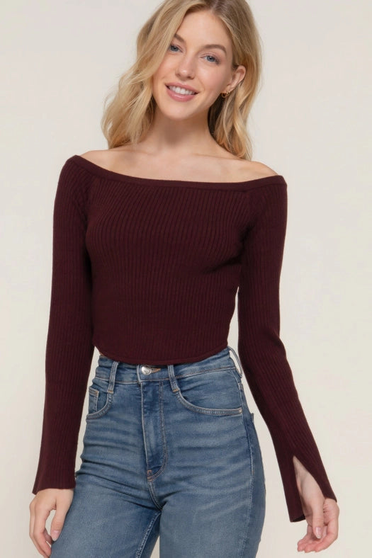 Long Flare Sleeve Off Shoulder Sweater Maroon