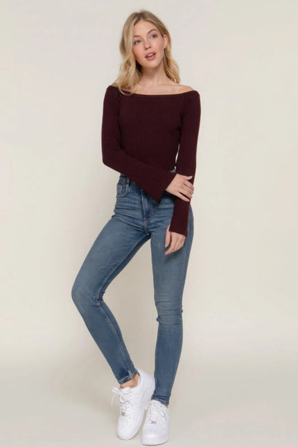 Long Flare Sleeve Off Shoulder Sweater Maroon