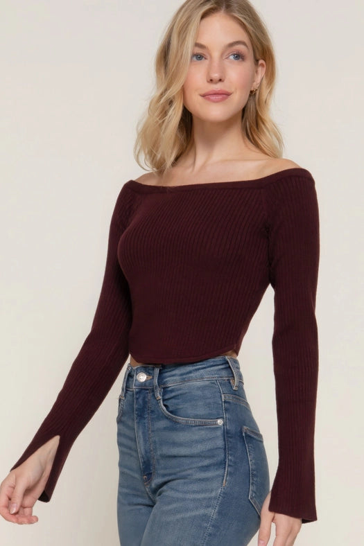 Long Flare Sleeve Off Shoulder Sweater Maroon