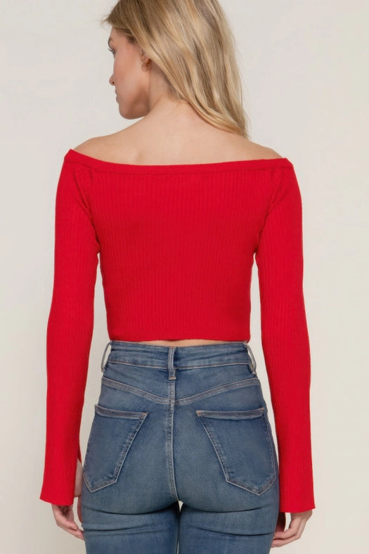 Long Flare Sleeve Off Shoulder Sweater Red