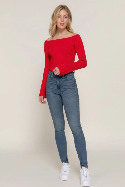 Long Flare Sleeve Off Shoulder Sweater Red