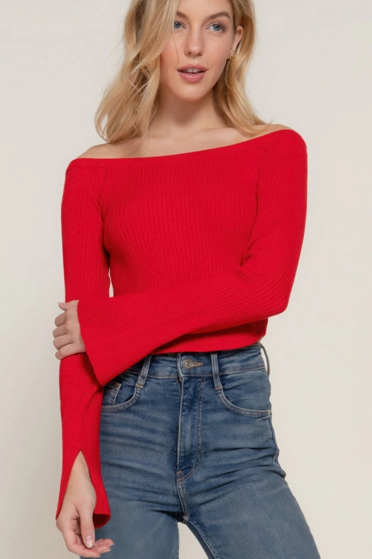 Long Flare Sleeve Off Shoulder Sweater Red