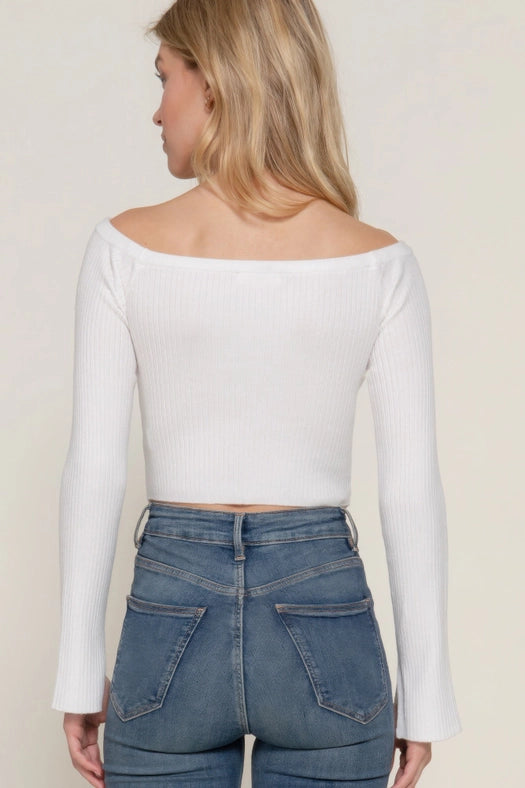 Long Flare Sleeve Off Shoulder Sweater White