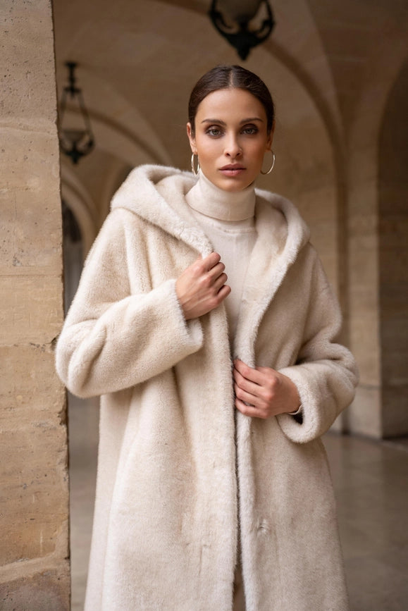 Long Hooded Synthetic Fur Coat Beige