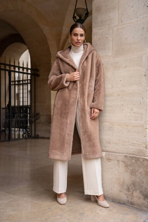 Long Hooded Synthetic Fur Coat Camel