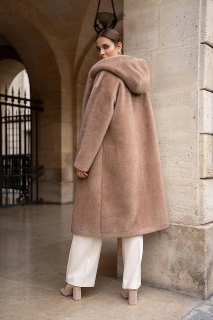 Long Hooded Synthetic Fur Coat Camel