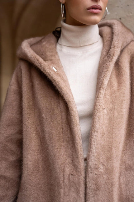 Long Hooded Synthetic Fur Coat Camel