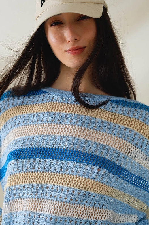 Long Sleeve Blue Multicolored Sweater with Boat Neck