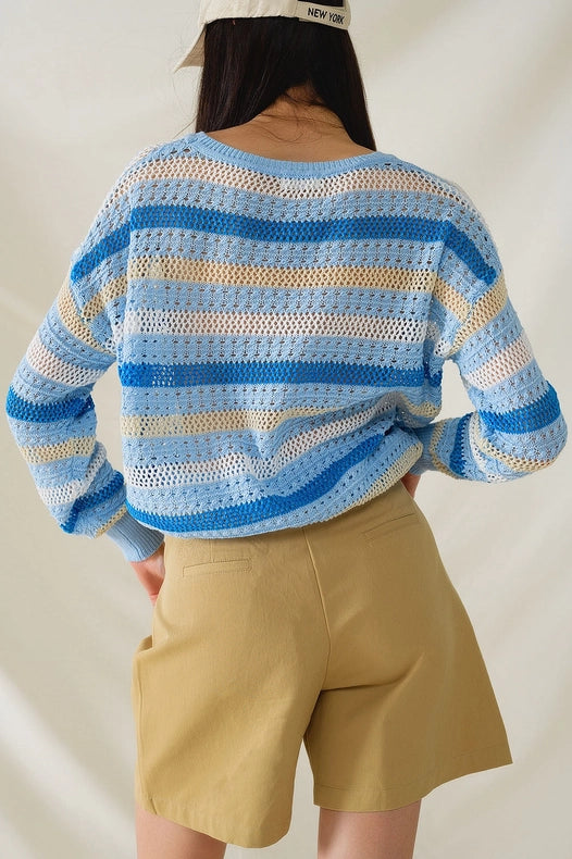 Long Sleeve Blue Multicolored Sweater with Boat Neck
