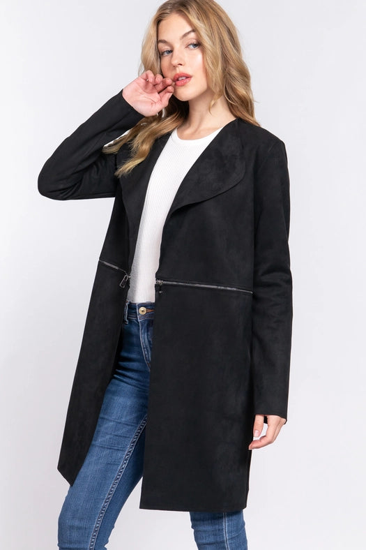 Long Sleeve Front Two Zipper Detail Faux Suede Long Jacket BLK-black