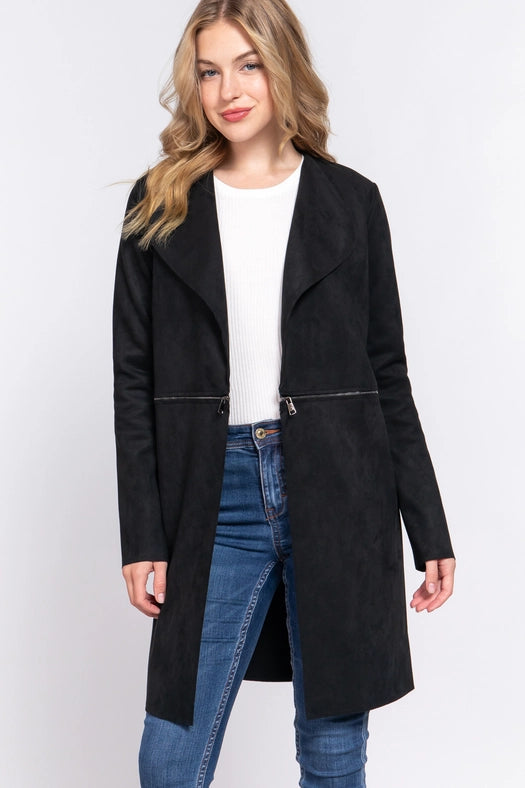 Long Sleeve Front Two Zipper Detail Faux Suede Long Jacket BLK-black