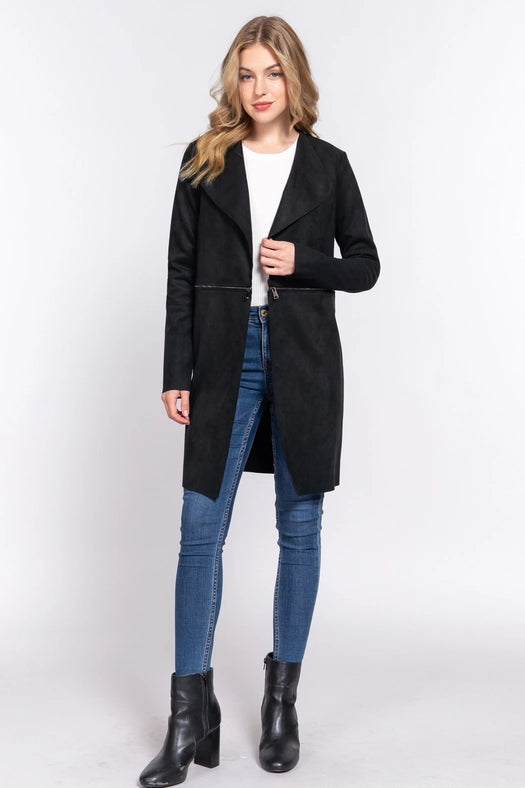 Long Sleeve Front Two Zipper Detail Faux Suede Long Jacket BLK-black