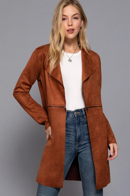 Long Sleeve Front Two Zipper Detail Faux Suede Long Jacket RST-chestnut