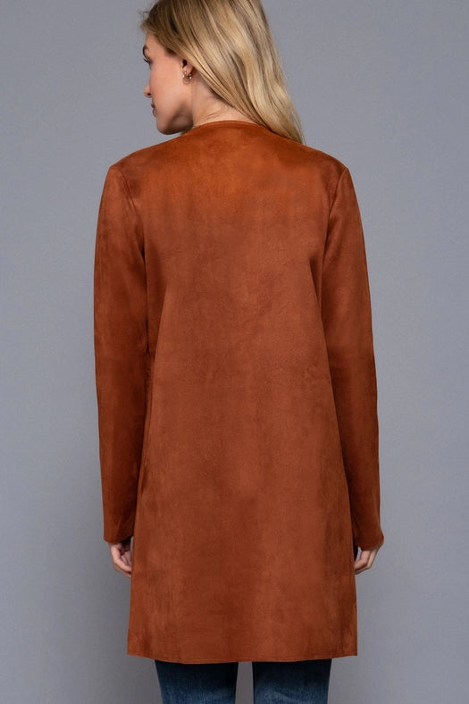 Long Sleeve Front Two Zipper Detail Faux Suede Long Jacket RST-chestnut