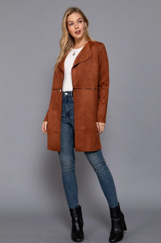 Long Sleeve Front Two Zipper Detail Faux Suede Long Jacket RST-chestnut