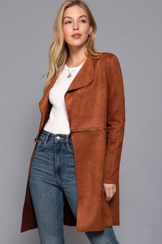 Long Sleeve Front Two Zipper Detail Faux Suede Long Jacket RST-chestnut