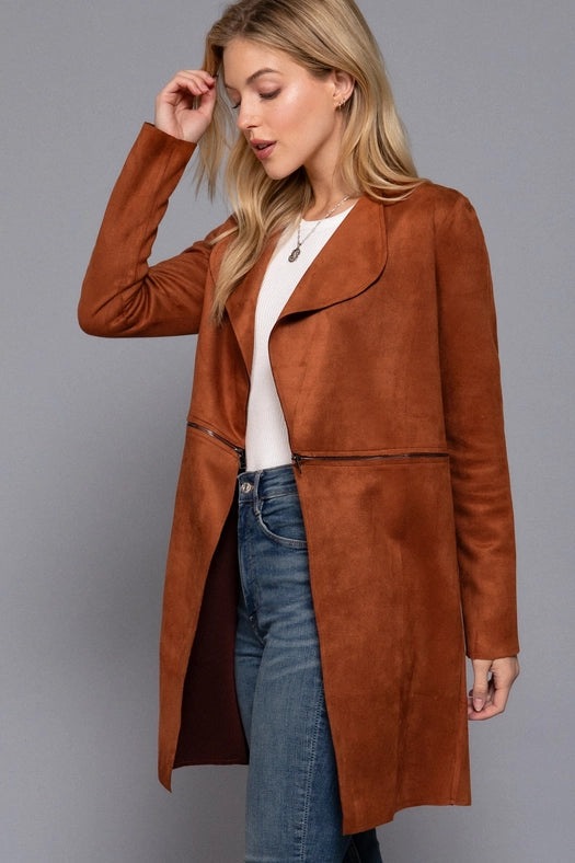 Long Sleeve Front Two Zipper Detail Faux Suede Long Jacket RST-chestnut