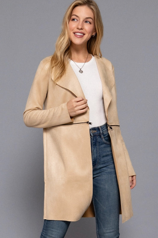 Long Sleeve Front Two Zipper Detail Faux Suede Long Jacket TPE-latte