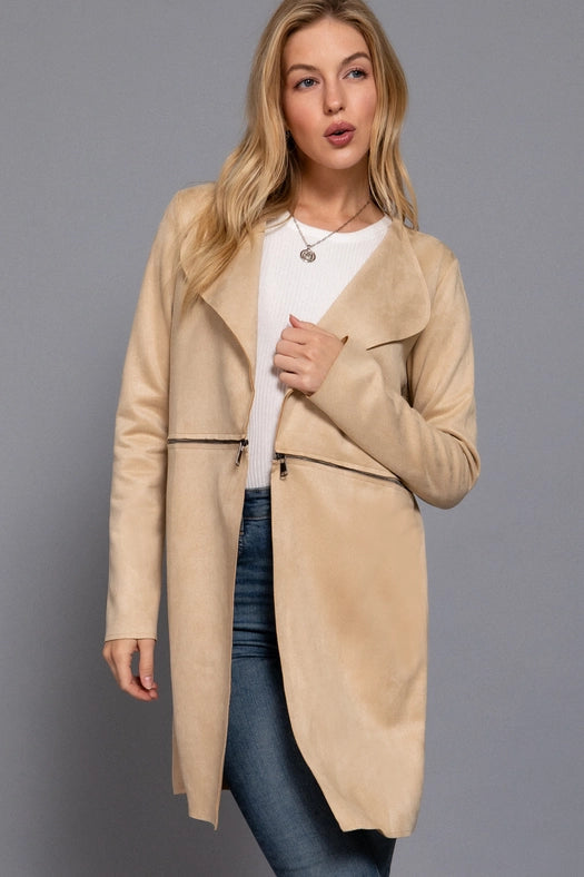 Long Sleeve Front Two Zipper Detail Faux Suede Long Jacket TPE-latte