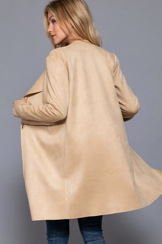 Long Sleeve Front Two Zipper Detail Faux Suede Long Jacket TPE-latte