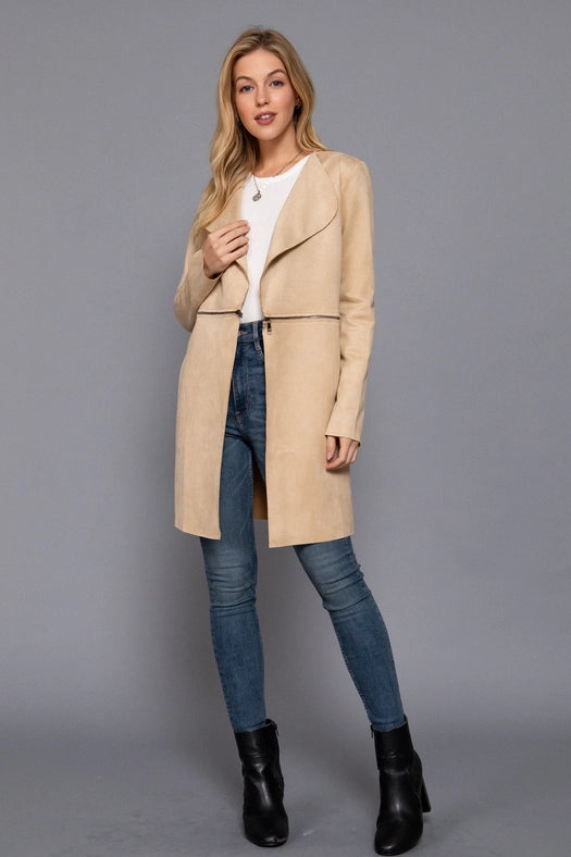 Long Sleeve Front Two Zipper Detail Faux Suede Long Jacket TPE-latte