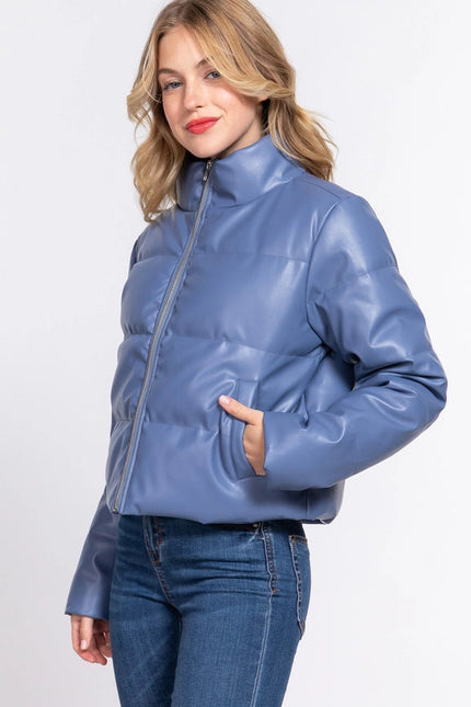 Long Sleeve High Neck Quilted Pu Puffer Jacket Blu-Dusty Blue