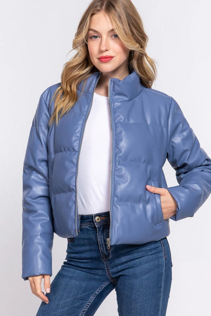 Long Sleeve High Neck Quilted Pu Puffer Jacket Blu-Dusty Blue