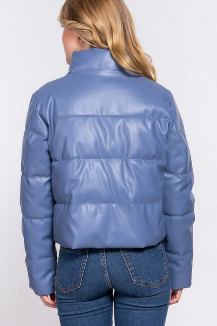 Long Sleeve High Neck Quilted Pu Puffer Jacket Blu-Dusty Blue