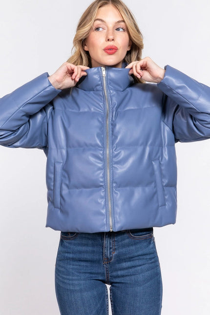 Long Sleeve High Neck Quilted Pu Puffer Jacket Blu-Dusty Blue