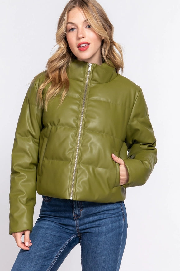 Long Sleeve High Neck Quilted Pu Puffer Jacket Olv-Olive Green